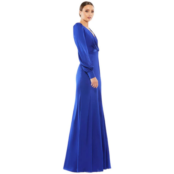 Mac Duggal NWT Satin Ruched Bishop Sleeve Gown Royal Blue Size 8 V-neck - Picture 3 of 11